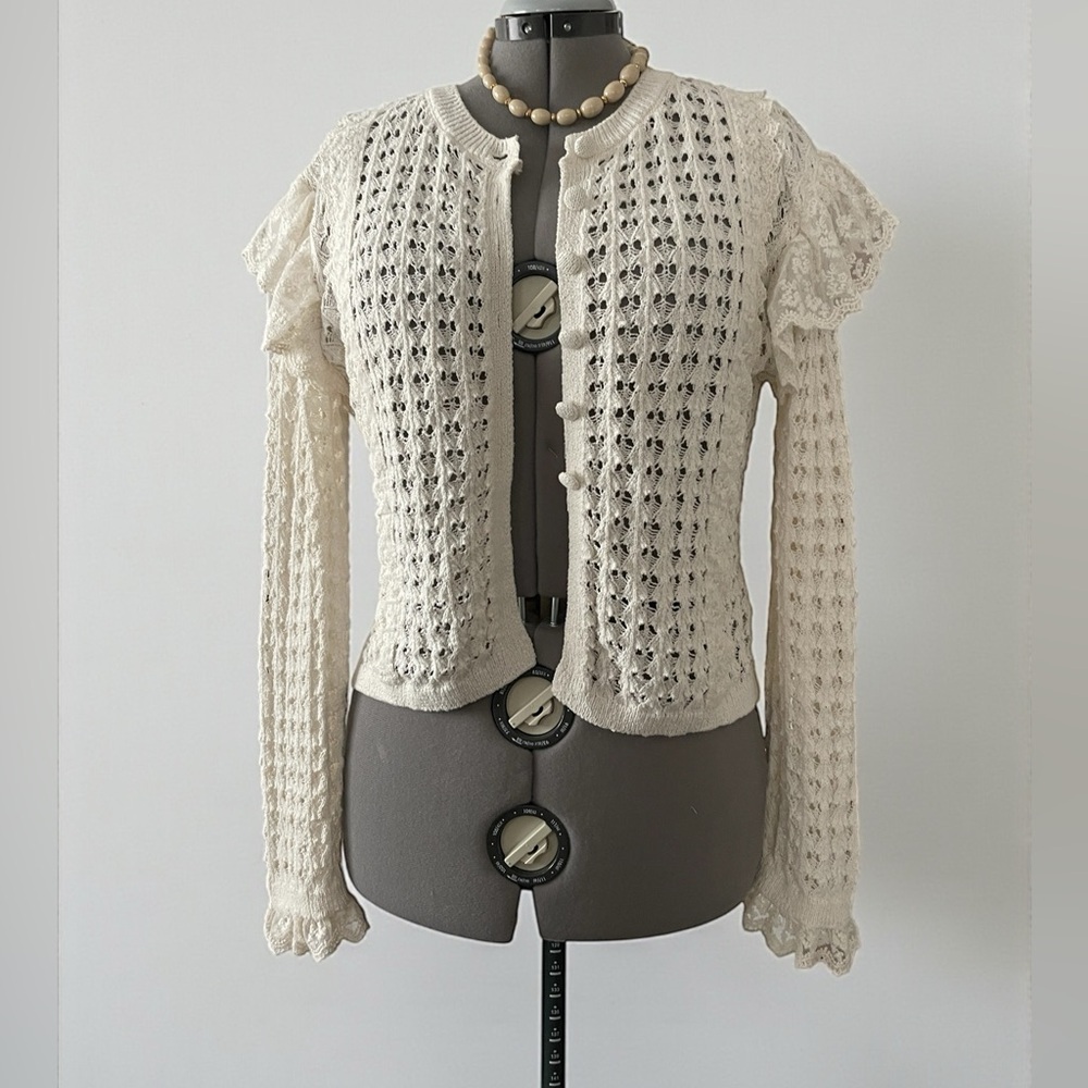 Zara Cream Ivory Lace Knit Cardigan Large Coquette Cottagecore Cropped Top - Picture 3 of 9